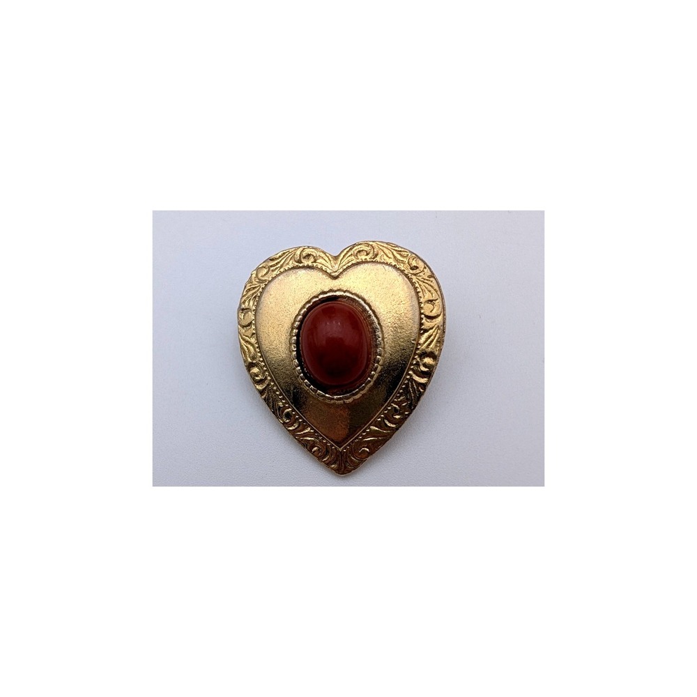 Vintage Gold Tone Heart Brooch Faux Red Stone Cabochon Ornate Engraved Pin